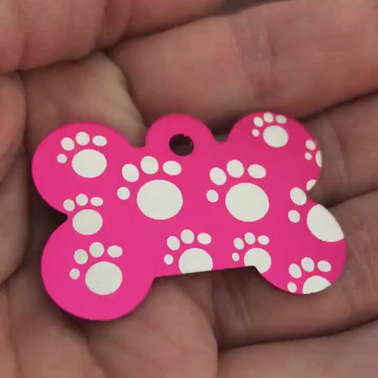 Multi Paw Prints Pattern Design, Large Pink Bone, Personalized Aluminum Tag, Diamond Engraved, Dog Tag, ID Tag, Puppy Tag Tag For Dog Collar