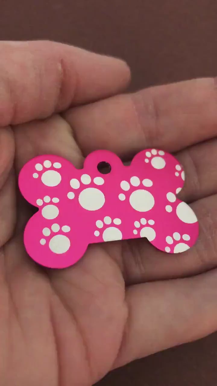 Multi Paw Prints Pattern Design, Large Pink Bone, Personalized Aluminum Tag, Diamond Engraved, Dog Tag, ID Tag, Puppy Tag Tag For Dog Collar