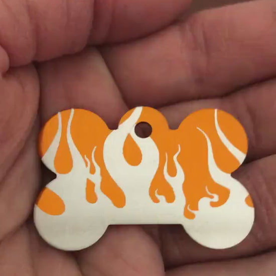 Punk Print Flames Design, Large Orange Bone, Personalized Aluminum Tag, Diamond Engraved. Dog Tag. Puppy Tag, For Dog Collar