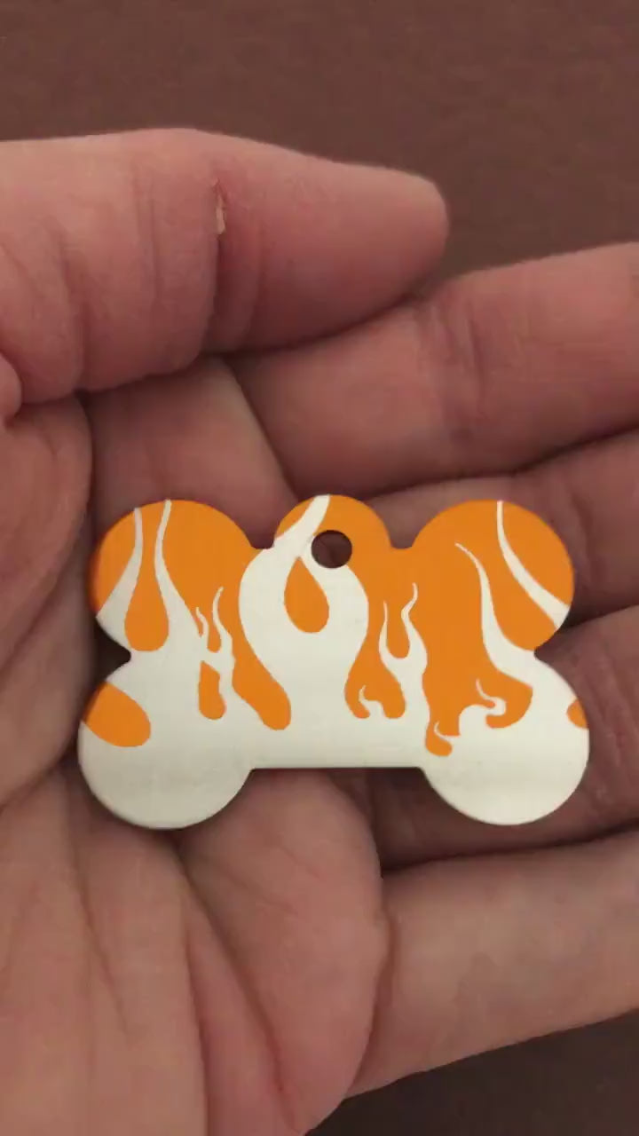 Punk Print Flames Design, Large Orange Bone, Personalized Aluminum Tag, Diamond Engraved. Dog Tag. Puppy Tag, For Dog Collar