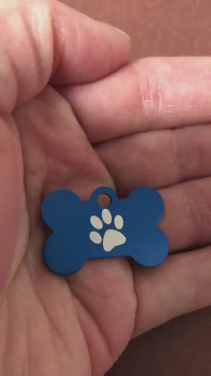 Paw Print Pattern Design, Small Blue Bone, Personalized Aluminum Tag, Diamond Engraved, Dog Tag, Pet Tag, ID Tags, For Dog Collars, SPPSBB