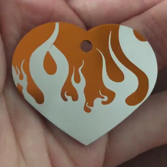 Punk Print Flames Design, Large Orange Heart Aluminum Tag Diamond Engraved Personalized Dog Tag Cat Tag For Dog Collars For Cat Collar