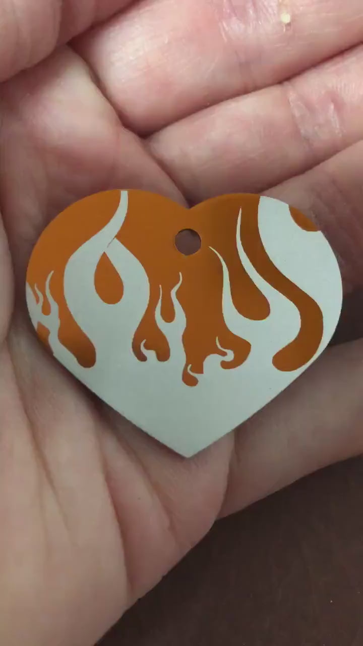 Punk Print Flames Design, Large Orange Heart Aluminum Tag Diamond Engraved Personalized Dog Tag Cat Tag For Dog Collars For Cat Collar