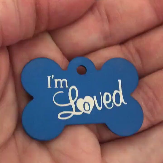 I'm Loved, Large Blue Bone Aluminum Tag, Personalized Diamond Engraved, Dog Tag, Puppy Tag, ID Tag, Tag for Dog Collar IMLLBUB