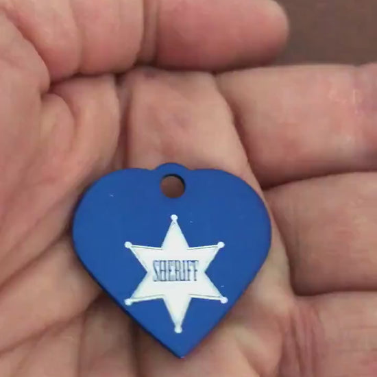 Sheriff, Sheriff Star, Small Blue Heart Aluminum Tag Personalized Diamond Engraved Pet Tag, Cat Tag, Dog Tag, For Dog Collars, SBSBH