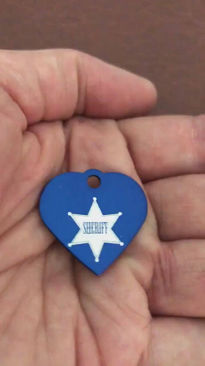 Sheriff, Sheriff Star, Small Blue Heart Aluminum Tag Personalized Diamond Engraved Pet Tag, Cat Tag, Dog Tag, For Dog Collars, SBSBH