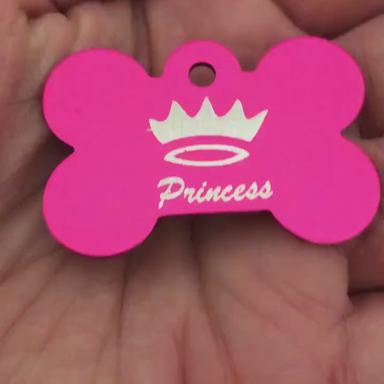 Princess Crown Large Pink Bone Personalized Aluminum Tag Diamond Engraved Dog Tag, ID Tag, Small Animal Tag, Human ID Tag, Puppy Tag, PCLPB