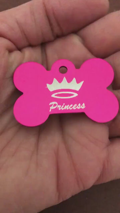 Princess Crown Large Pink Bone Personalized Aluminum Tag Diamond Engraved Dog Tag, ID Tag, Small Animal Tag, Human ID Tag, Puppy Tag, PCLPB