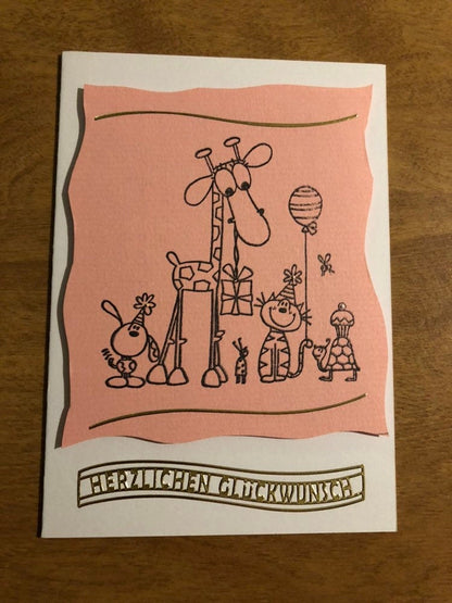 Herzlichen Gluckwunsch Deutsche Karte Handgemacht Giraffe and Friends Homemade Stamped German Card HGCBC52