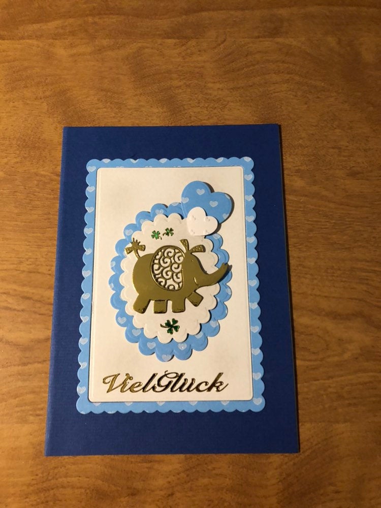 Blue Viel Gluck Elephant Deutsche Karten Handgemacht Elephant German Lots of Luck Card Handmade