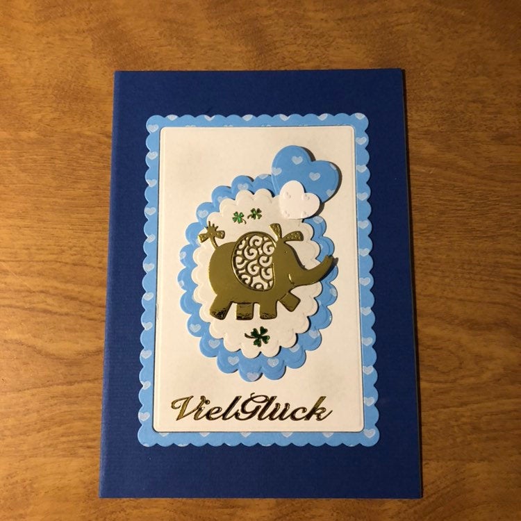 Blue Viel Gluck Elephant Deutsche Karten Handgemacht Elephant German Lots of Luck Card Handmade