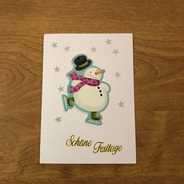 Schöne Festtage Eislaufen Schneemann Sternen Deutsche Weihnachtskarte Handgemacht Happy Holidays Snowman German Christmas Card Handmade